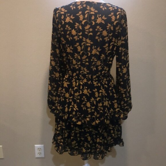 Black & Gold Floral Long Puffed Sleeve Dress Elastic Waist Layered Ruffle Hem-L - Picture 4 of 14